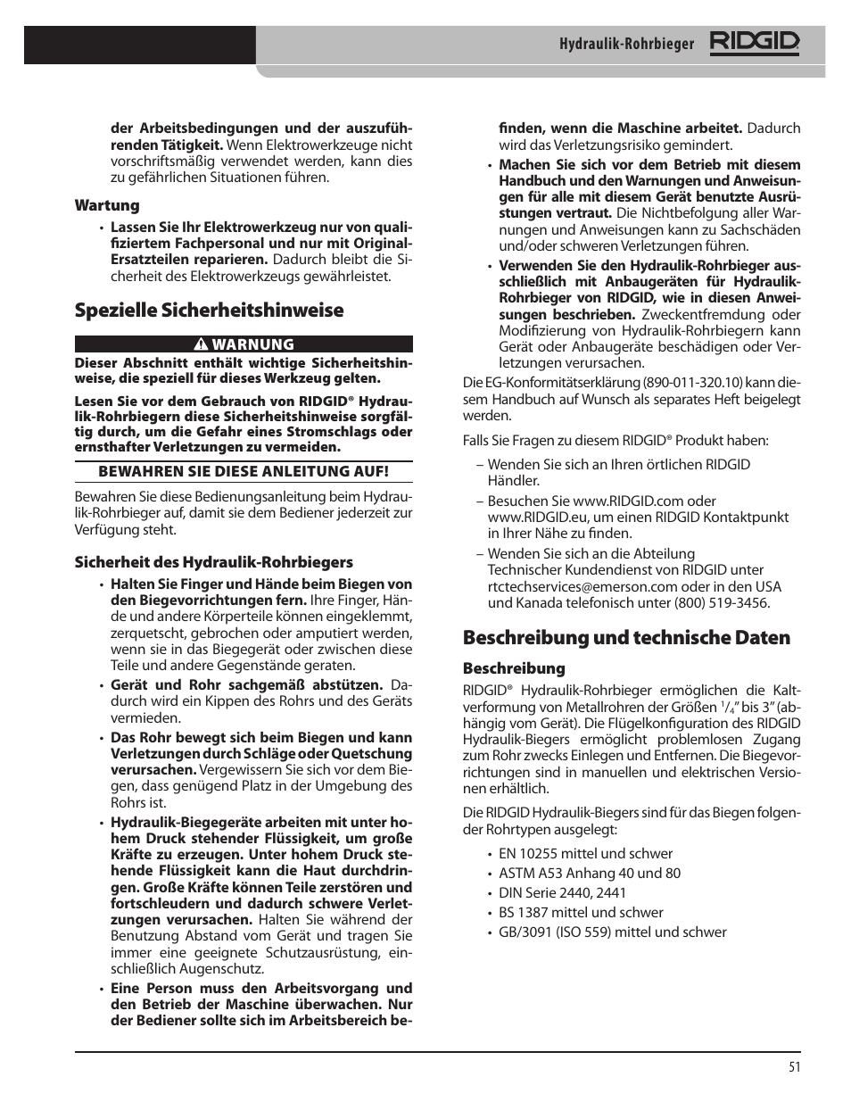 Beschreibung und technische daten, Spezielle sicherheitshinweise | RIDGID Hydraulic Pipe Bender User Manual | Page 53 / 358