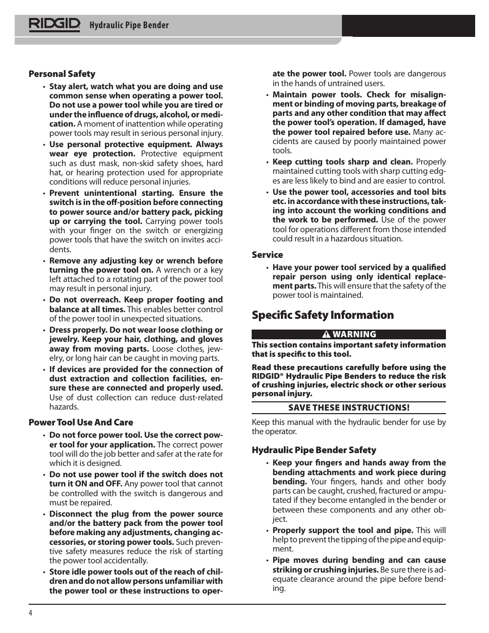 Specific safety information | RIDGID Hydraulic Pipe Bender User Manual | Page 6 / 358