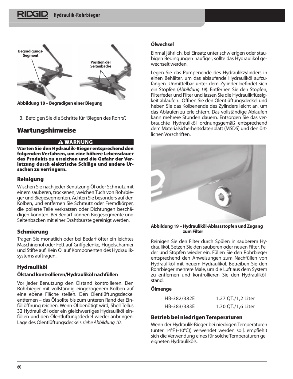 Wartungshinweise | RIDGID Hydraulic Pipe Bender User Manual | Page 62 / 358