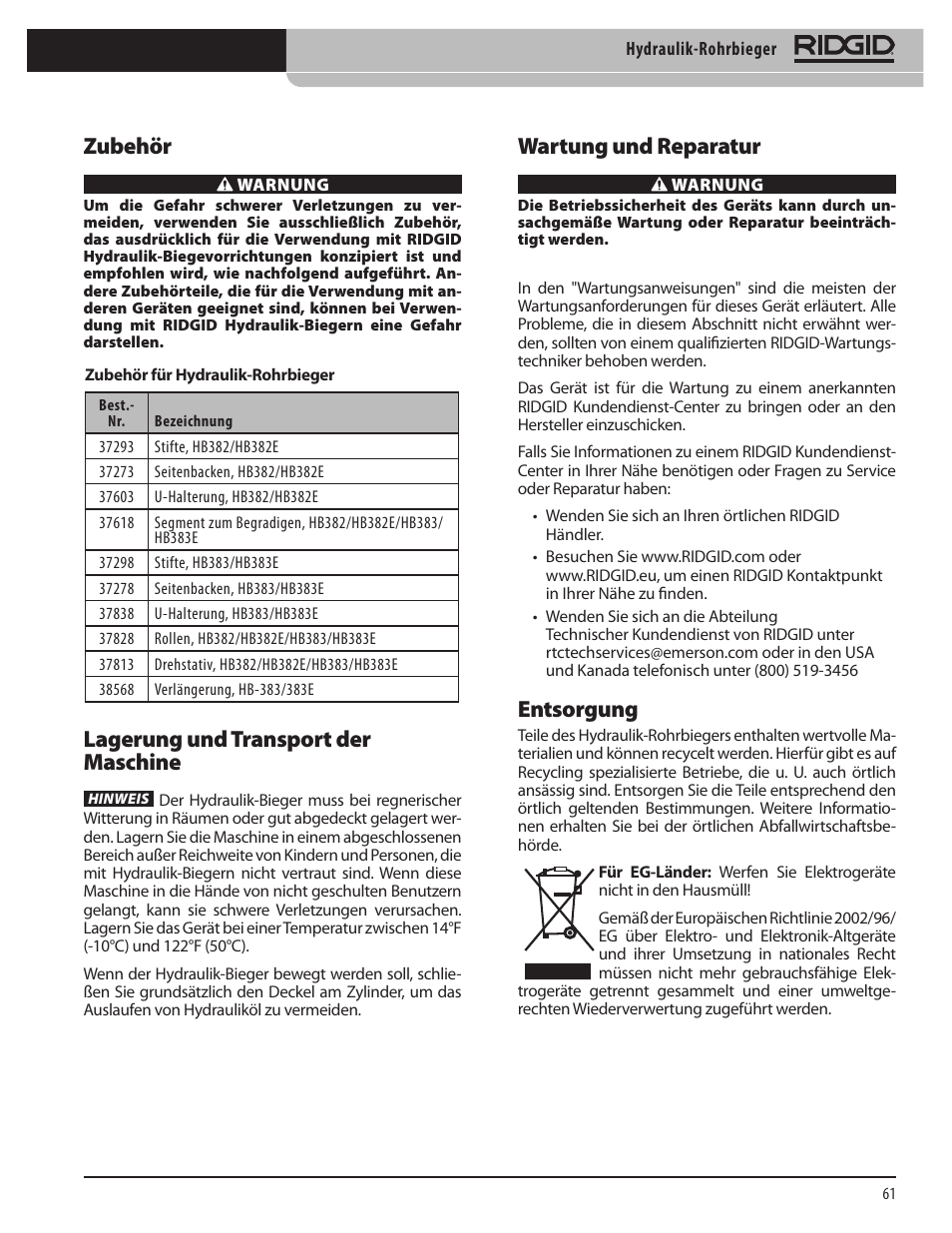 Zubehör, Lagerung und transport der maschine, Wartung und reparatur | Entsorgung | RIDGID Hydraulic Pipe Bender User Manual | Page 63 / 358