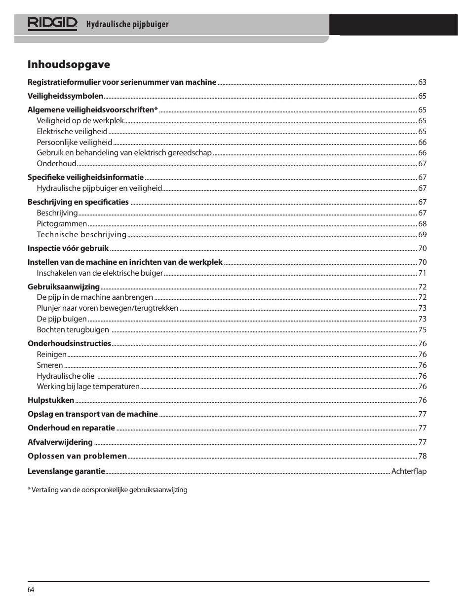 Inhoudsopgave | RIDGID Hydraulic Pipe Bender User Manual | Page 66 / 358