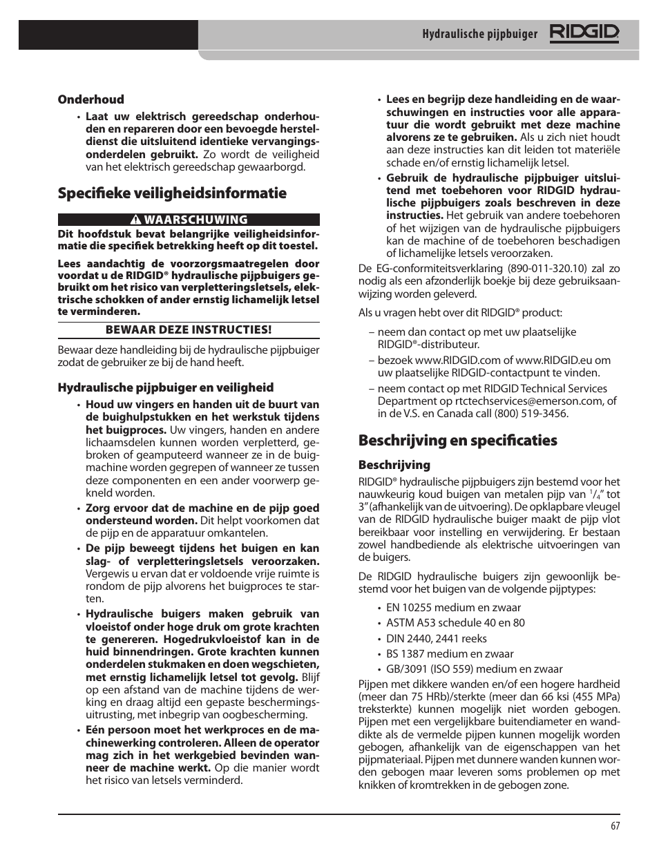 Beschrijving en specificaties, Specifieke veiligheidsinformatie | RIDGID Hydraulic Pipe Bender User Manual | Page 69 / 358