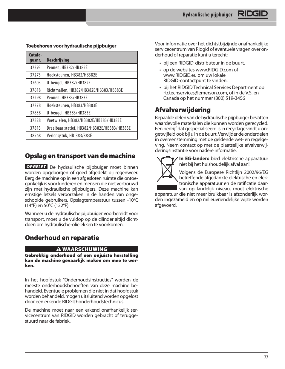 Opslag en transport van de machine, Onderhoud en reparatie, Afvalverwijdering | RIDGID Hydraulic Pipe Bender User Manual | Page 79 / 358
