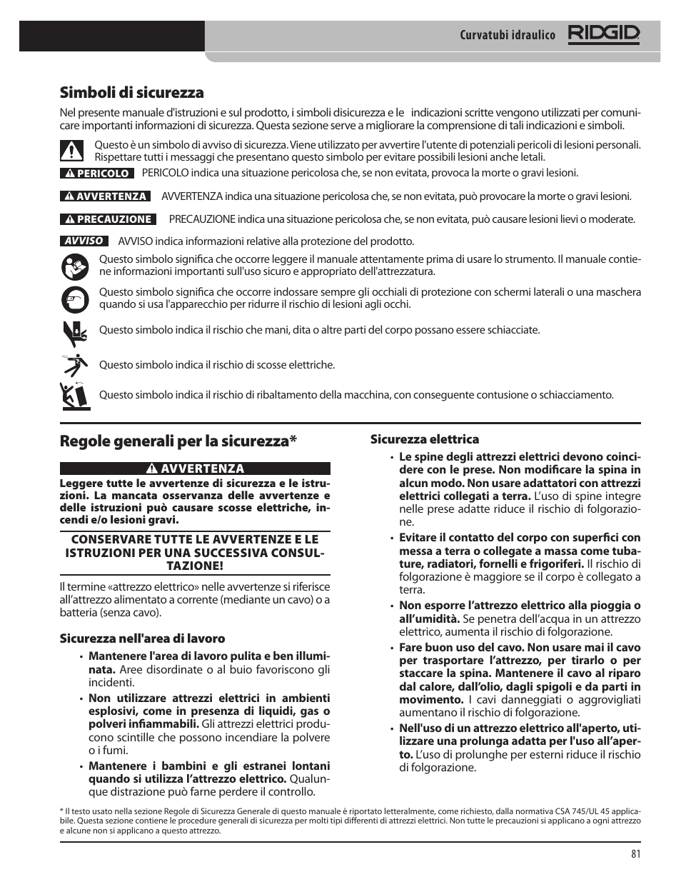Simboli di sicurezza, Regole generali per la sicurezza | RIDGID Hydraulic Pipe Bender User Manual | Page 83 / 358