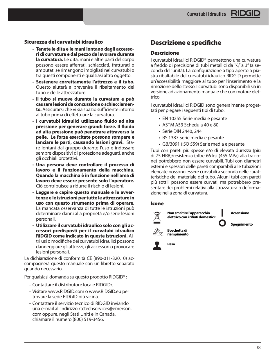Descrizione e specifiche | RIDGID Hydraulic Pipe Bender User Manual | Page 85 / 358