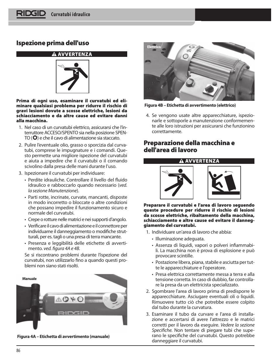 Ispezione prima dell'uso, Preparazione della macchina e dell'area di lavoro | RIDGID Hydraulic Pipe Bender User Manual | Page 88 / 358