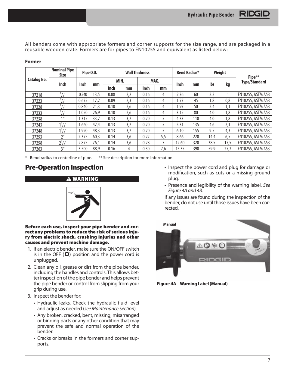 Pre-operation inspection | RIDGID Hydraulic Pipe Bender User Manual | Page 9 / 358