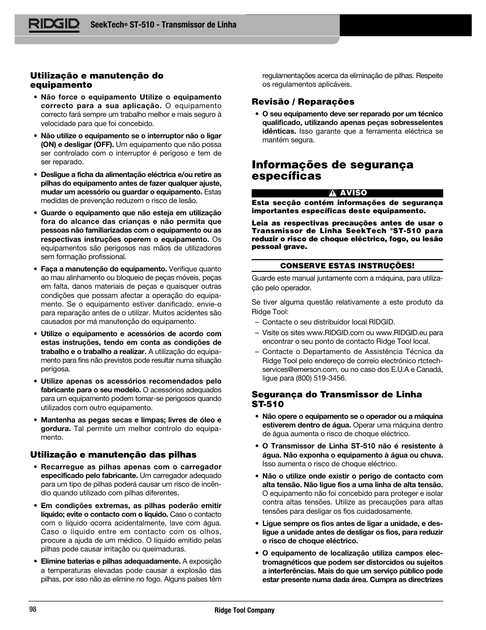 Informações de segurança específicas | RIDGID SeekTech ST-510 User Manual | Page 100 / 403