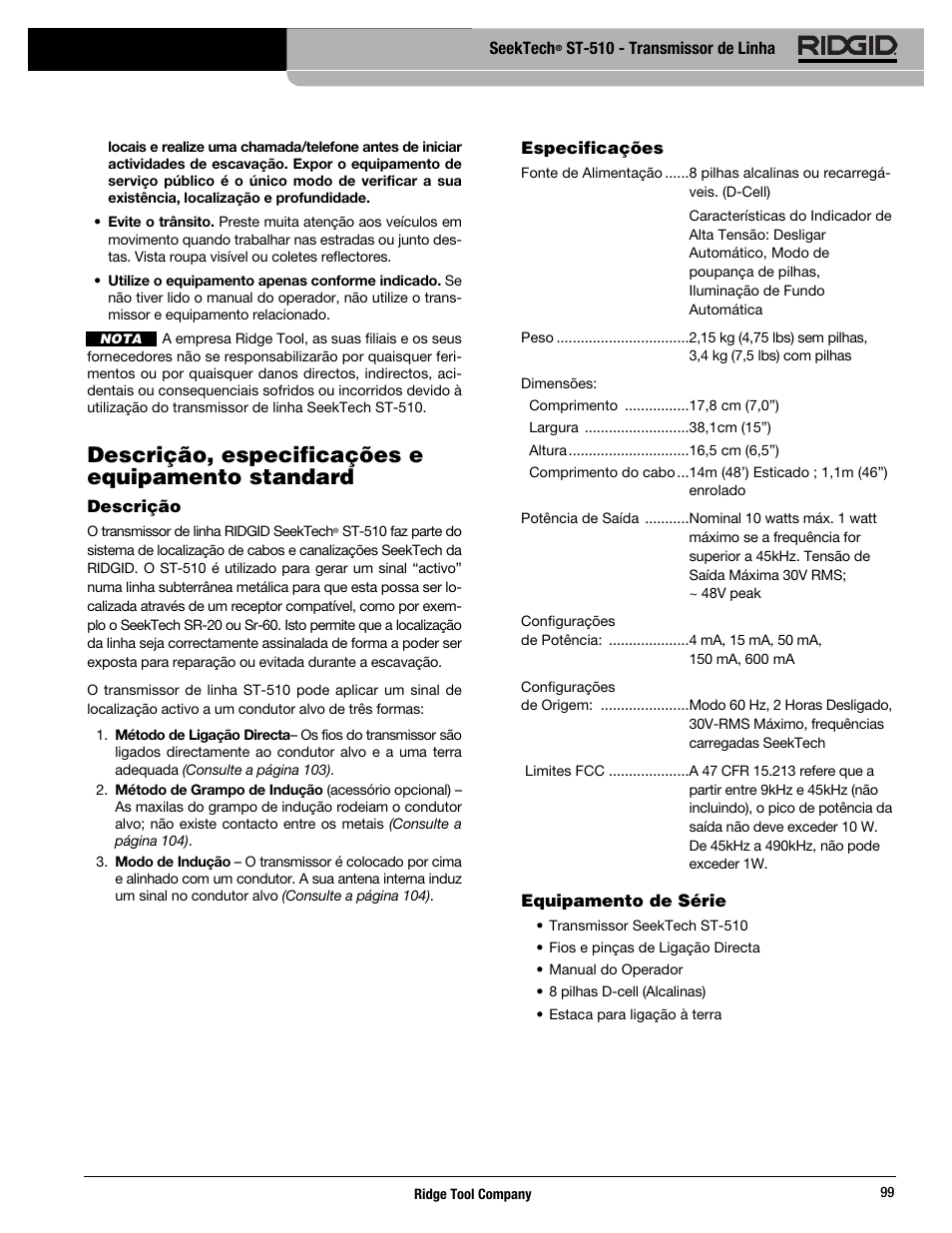 Descrição, especificações e equipamento standard | RIDGID SeekTech ST-510 User Manual | Page 101 / 403