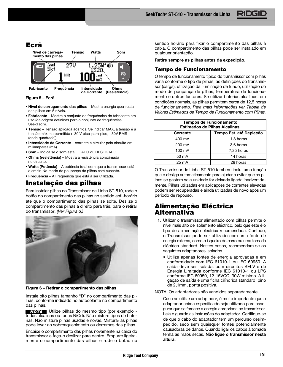 Instalação das pilhas, Alimentação eléctrica alternativa, Ecrã | Seektech, St-510 - transmissor de linha, Tempo de funcionamento | RIDGID SeekTech ST-510 User Manual | Page 103 / 403
