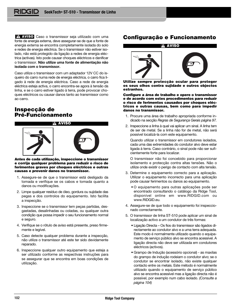 Inspecção de pré-funcionamento, Configuração e funcionamento | RIDGID SeekTech ST-510 User Manual | Page 104 / 403