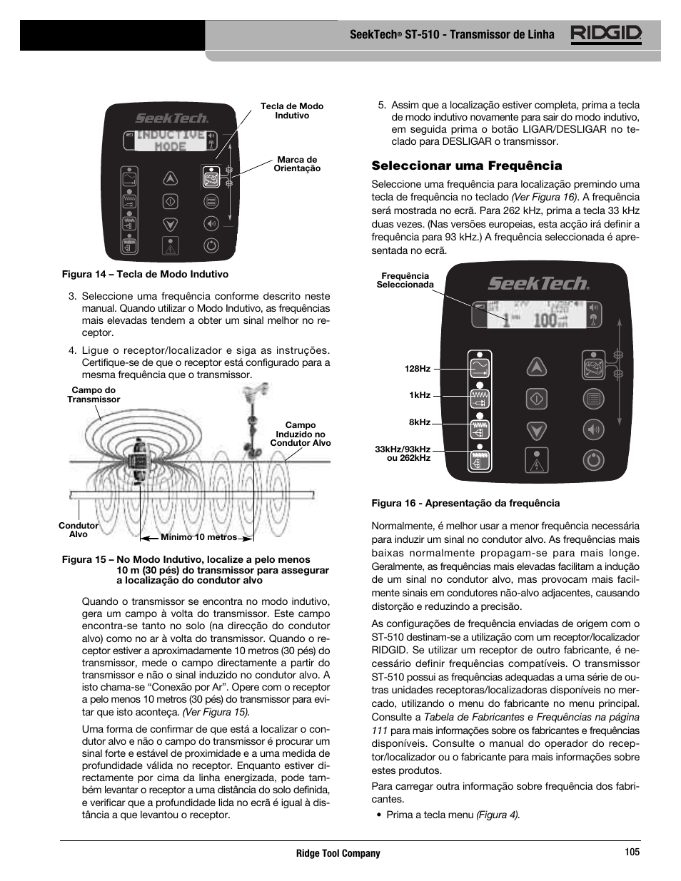 Seektech, St-510 - transmissor de linha, Seleccionar uma frequência | RIDGID SeekTech ST-510 User Manual | Page 107 / 403