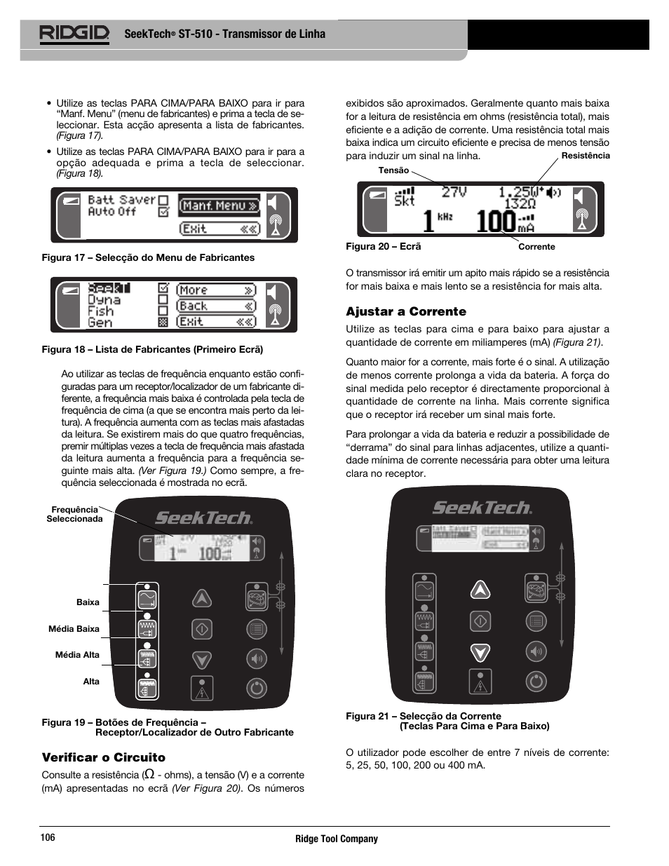 Seektech, St-510 - transmissor de linha, Verificar o circuito | Ajustar a corrente | RIDGID SeekTech ST-510 User Manual | Page 108 / 403