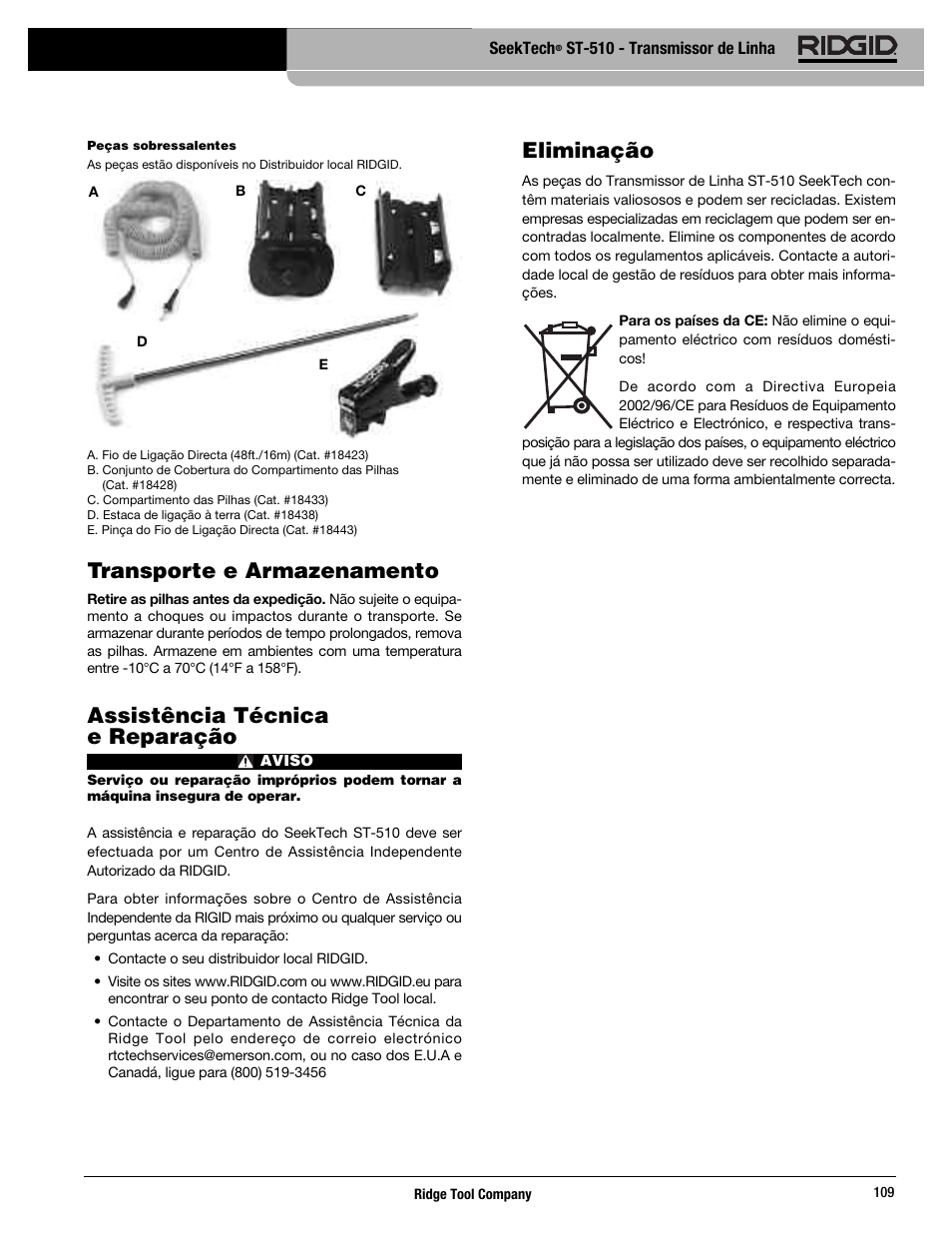 Transporte e armazenamento, Assistência técnica e reparação, Eliminação | RIDGID SeekTech ST-510 User Manual | Page 111 / 403