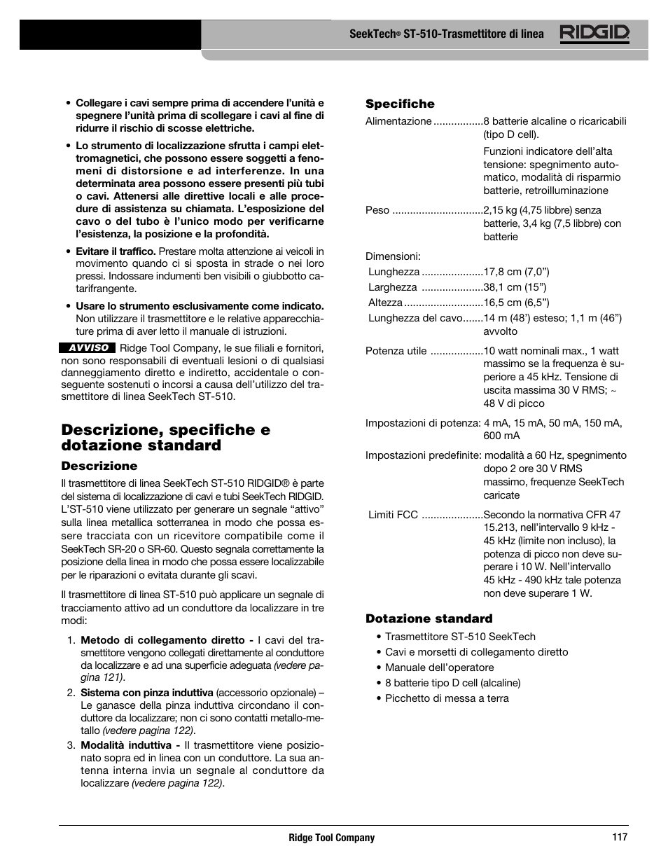 Descrizione, specifiche e dotazione standard | RIDGID SeekTech ST-510 User Manual | Page 119 / 403