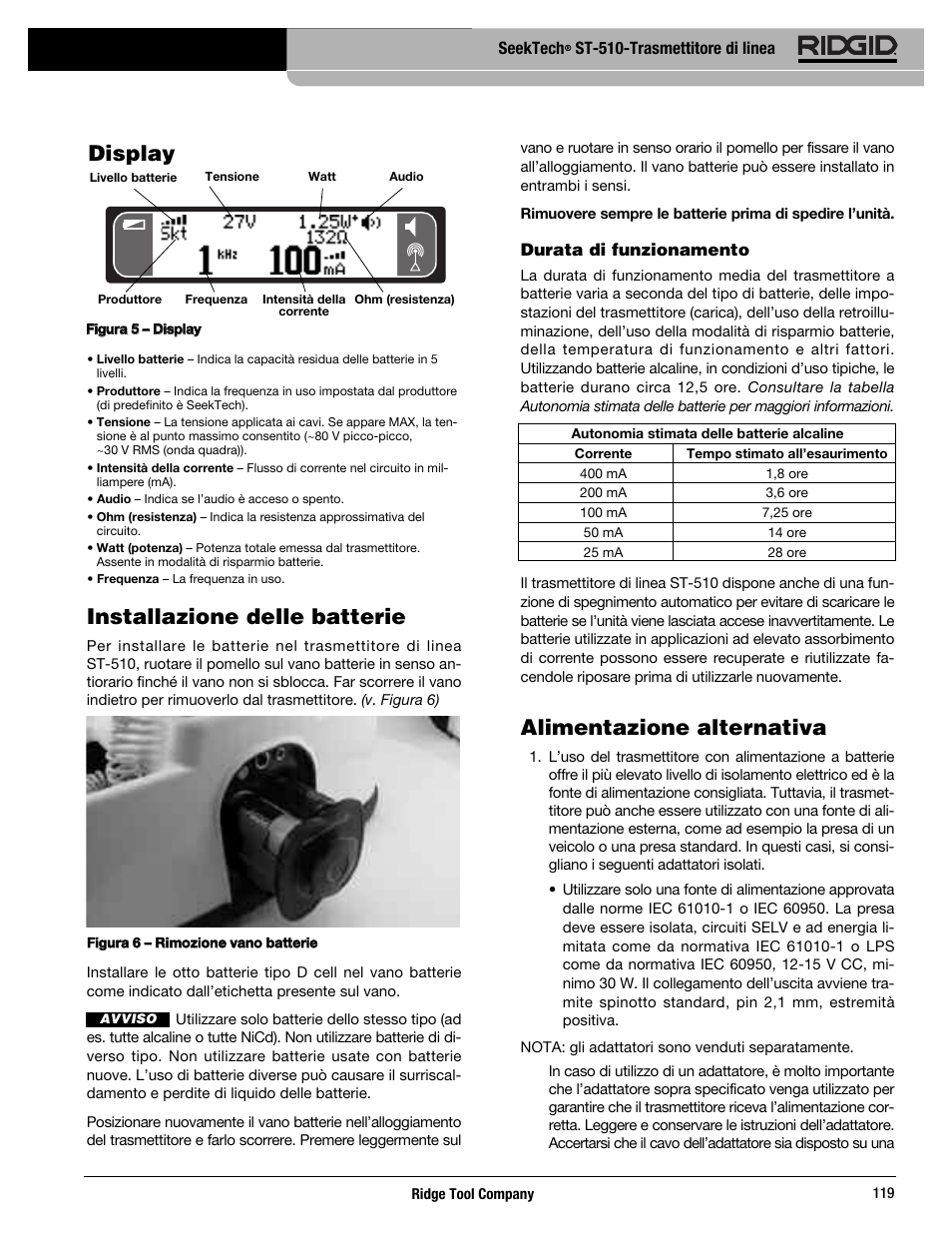 Installazione delle batterie, Alimentazione alternativa, Display | RIDGID SeekTech ST-510 User Manual | Page 121 / 403