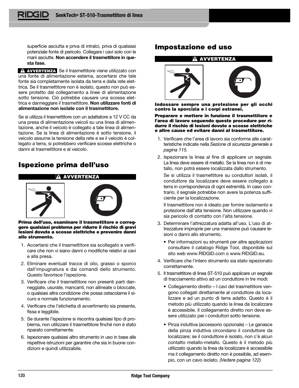 Ispezione prima dell’uso, Impostazione ed uso | RIDGID SeekTech ST-510 User Manual | Page 122 / 403