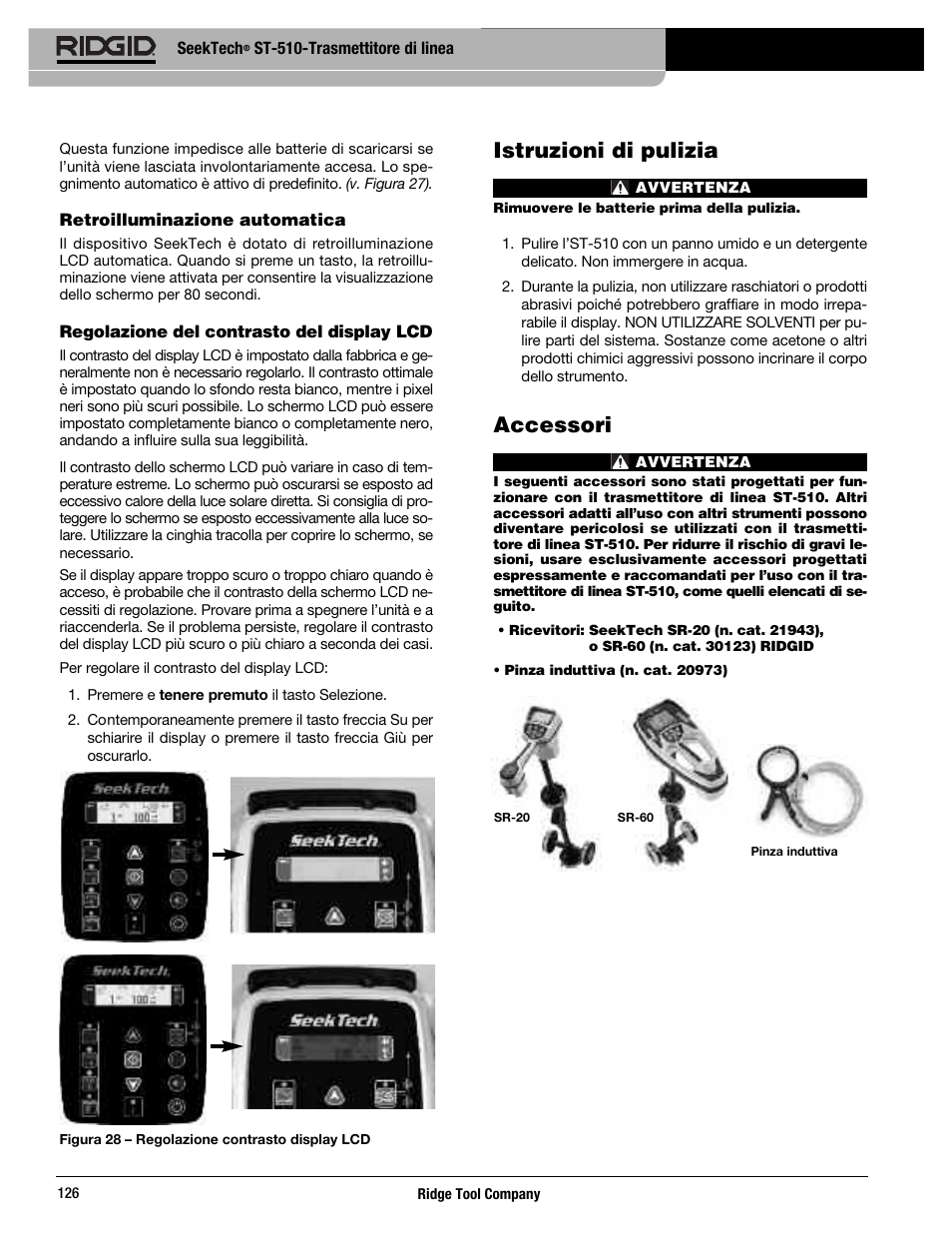 Istruzioni di pulizia, Accessori | RIDGID SeekTech ST-510 User Manual | Page 128 / 403