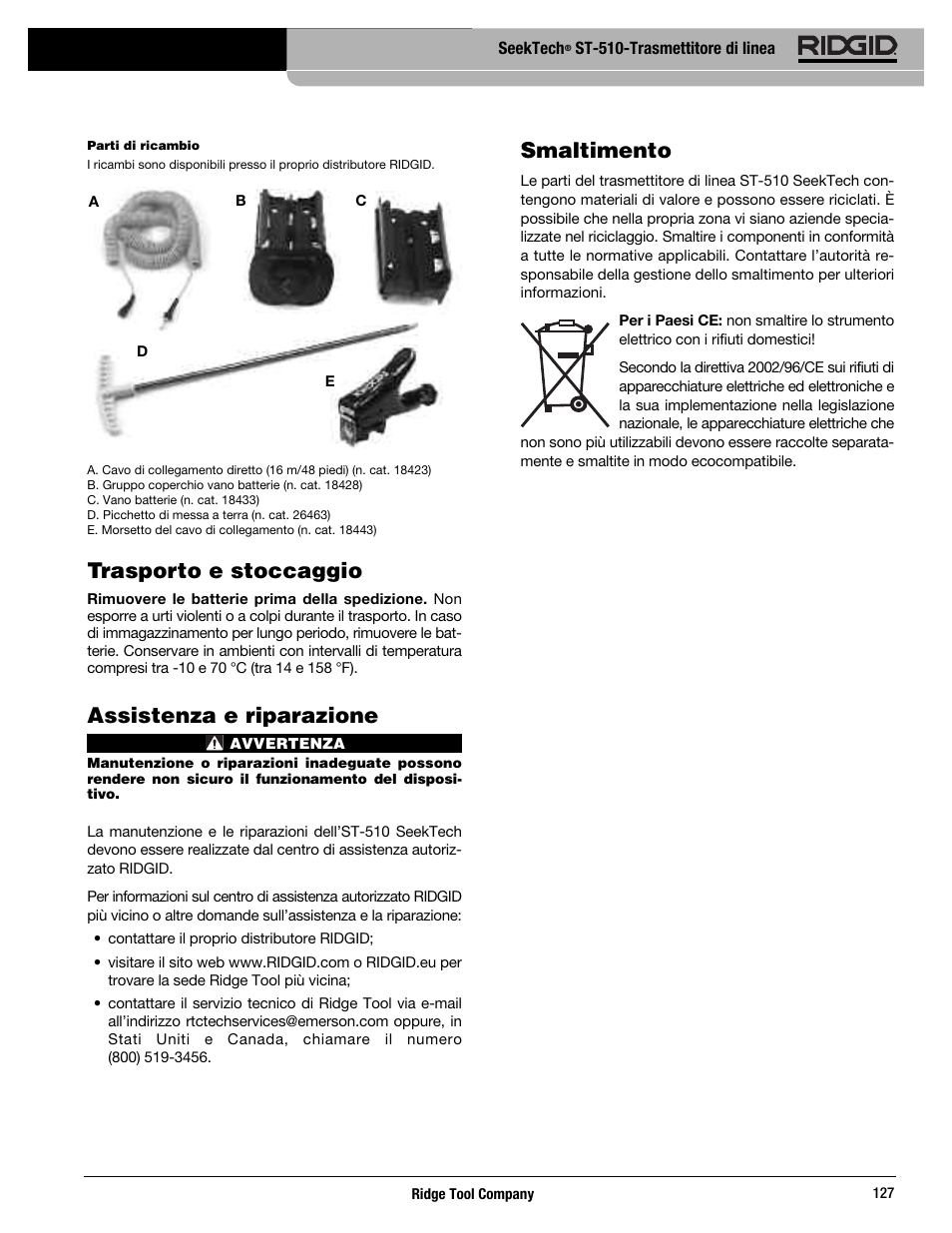 Trasporto e stoccaggio, Assistenza e riparazione, Smaltimento | RIDGID SeekTech ST-510 User Manual | Page 129 / 403