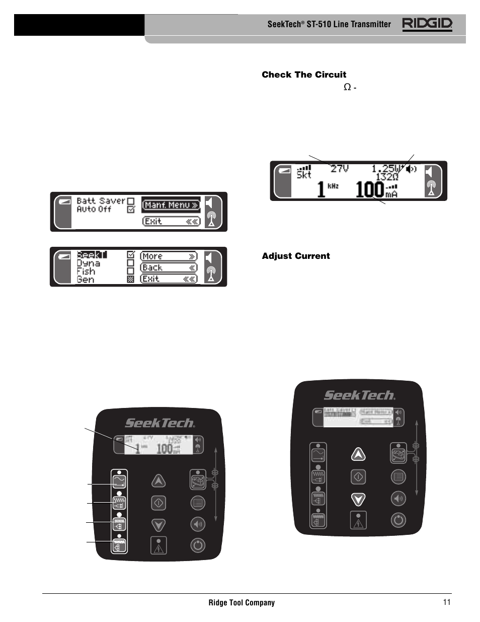 Check the circuit, Adjust current, Seektech | St-510 line transmitter | RIDGID SeekTech ST-510 User Manual | Page 13 / 403