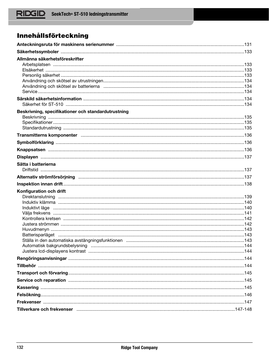 Innehållsförteckning | RIDGID SeekTech ST-510 User Manual | Page 134 / 403