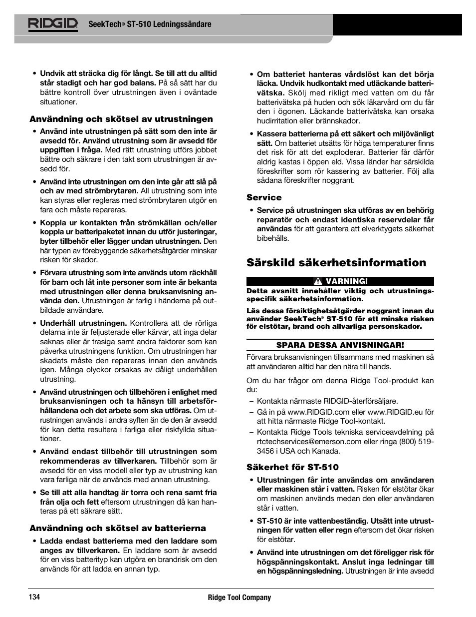 Särskild säkerhetsinformation | RIDGID SeekTech ST-510 User Manual | Page 136 / 403