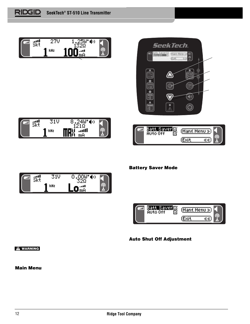 Battery saver mode, Auto shut off adjustment, Main menu | Seektech, St-510 line transmitter | RIDGID SeekTech ST-510 User Manual | Page 14 / 403