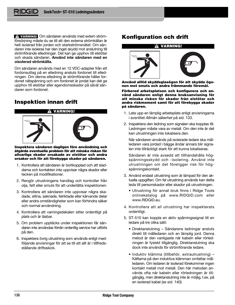 Inspektion innan drift, Konfiguration och drift | RIDGID SeekTech ST-510 User Manual | Page 140 / 403
