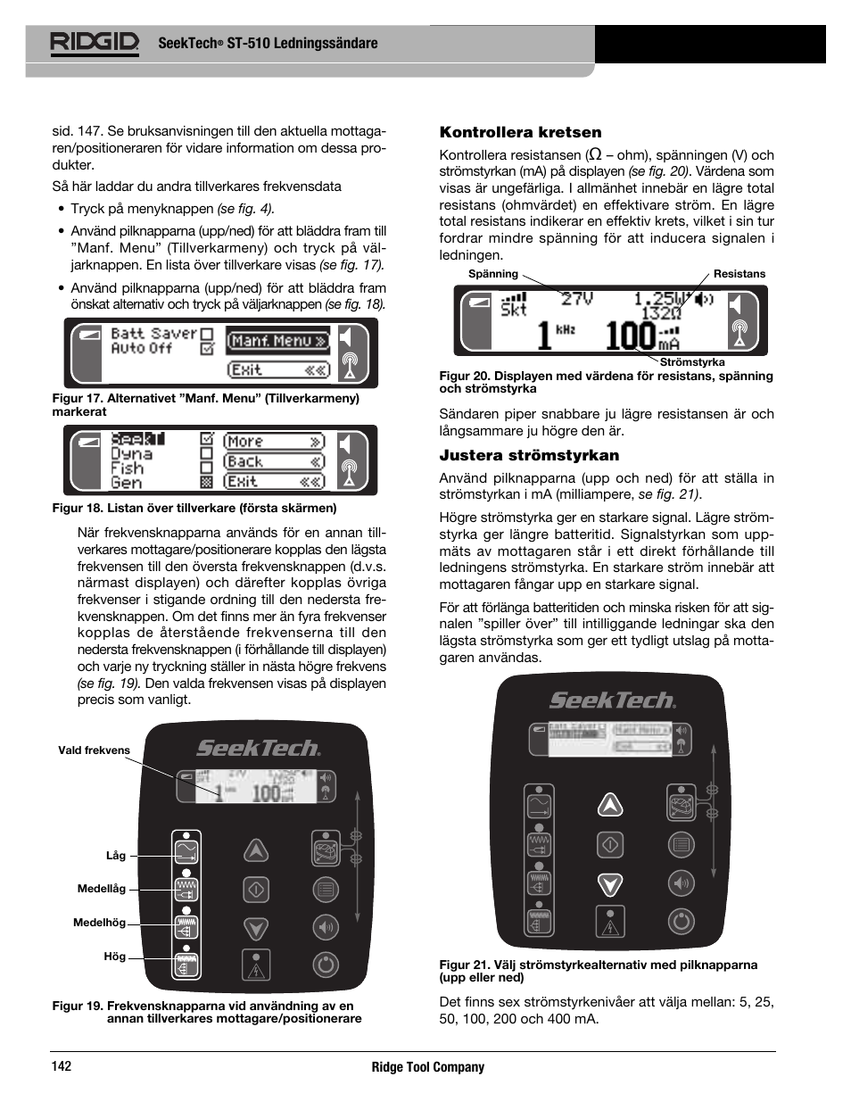 Seektech, St-510 ledningssändare, Kontrollera kretsen | Justera strömstyrkan | RIDGID SeekTech ST-510 User Manual | Page 144 / 403