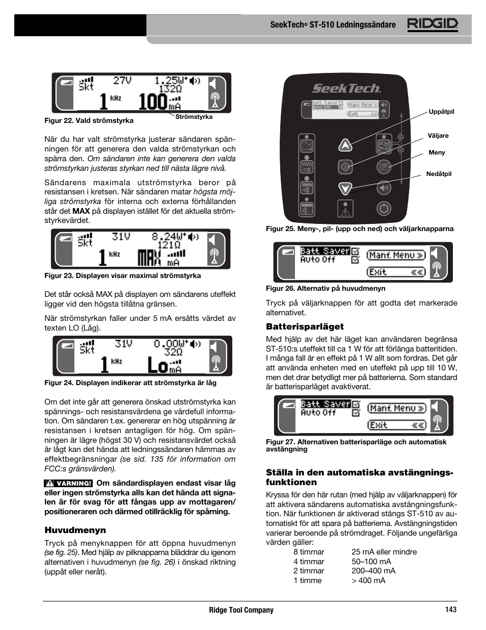 Seektech, St-510 ledningssändare, Huvudmenyn | Batterisparläget, Ställa in den automatiska avstängnings- funktionen | RIDGID SeekTech ST-510 User Manual | Page 145 / 403