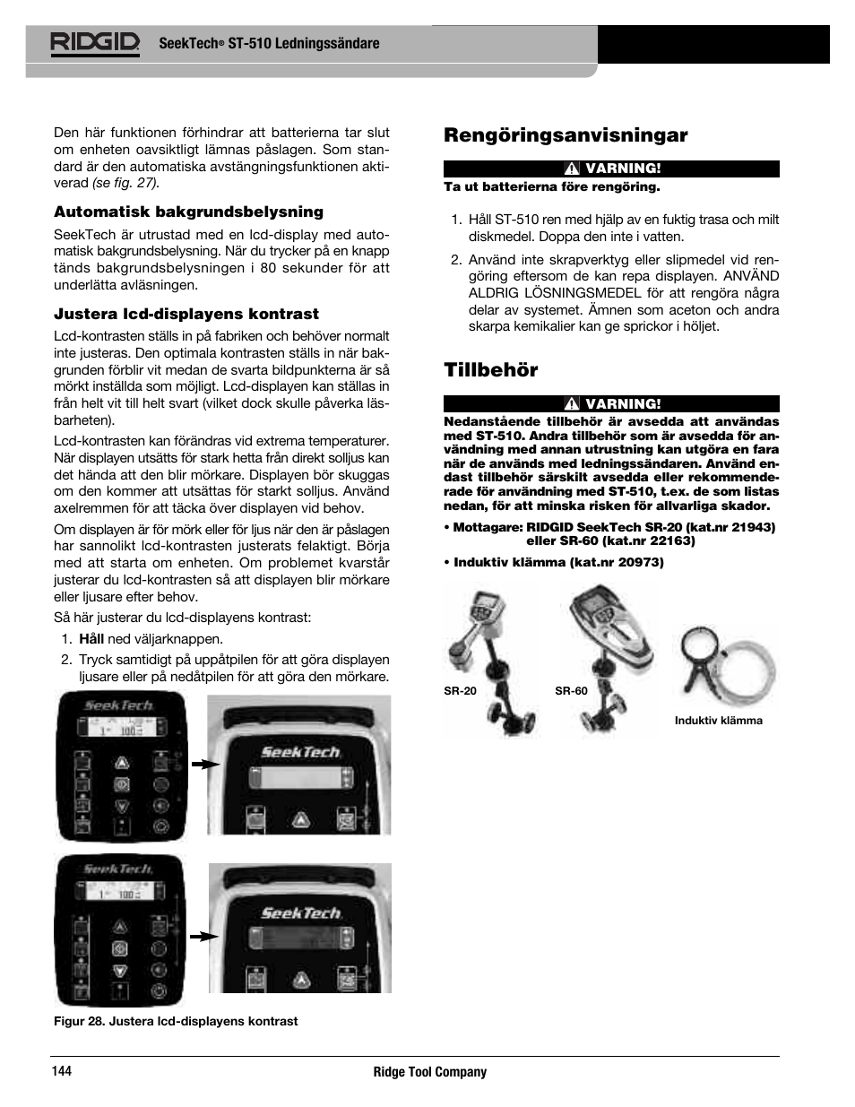 Rengöringsanvisningar, Tillbehör | RIDGID SeekTech ST-510 User Manual | Page 146 / 403