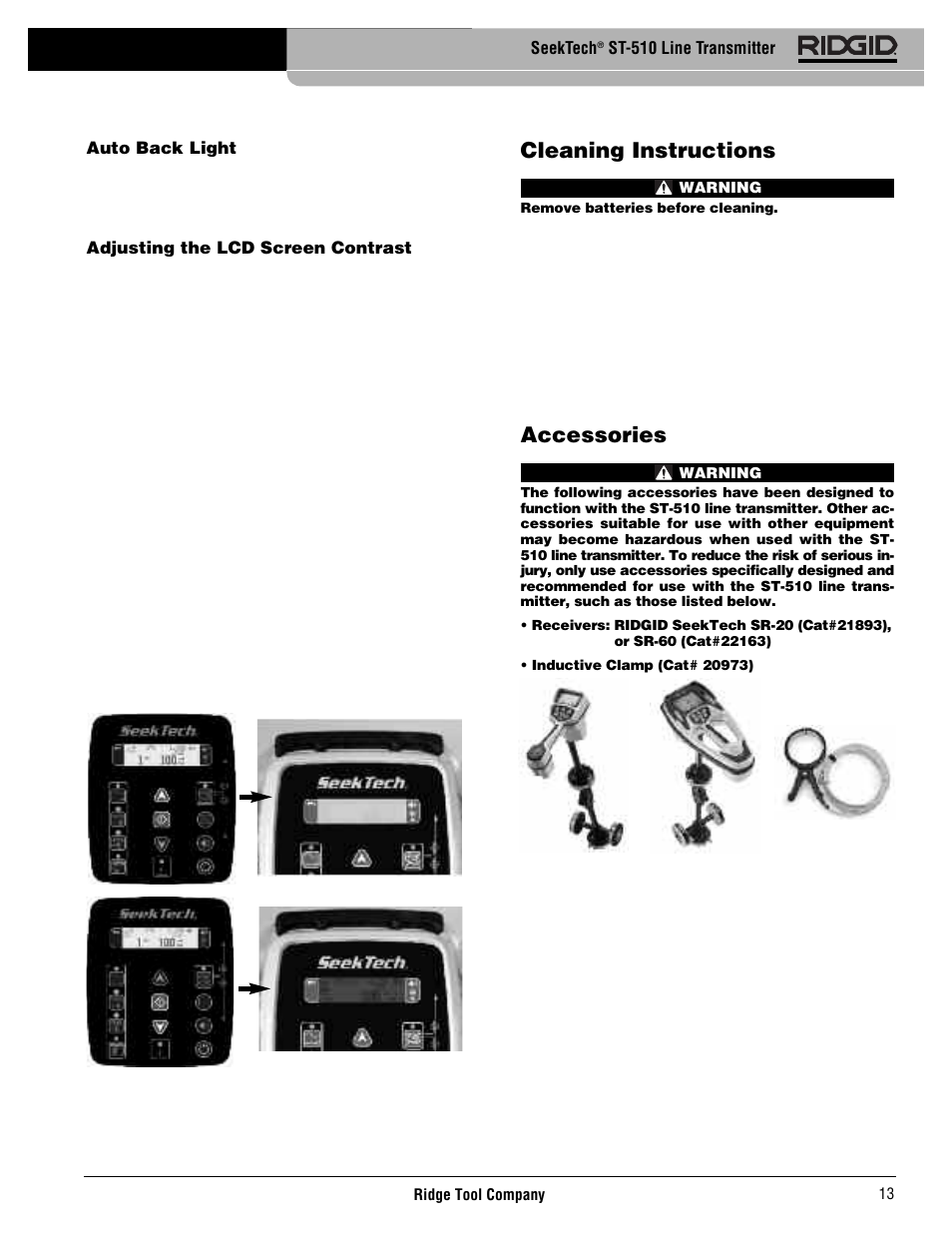 Cleaning instructions, Accessories | RIDGID SeekTech ST-510 User Manual | Page 15 / 403