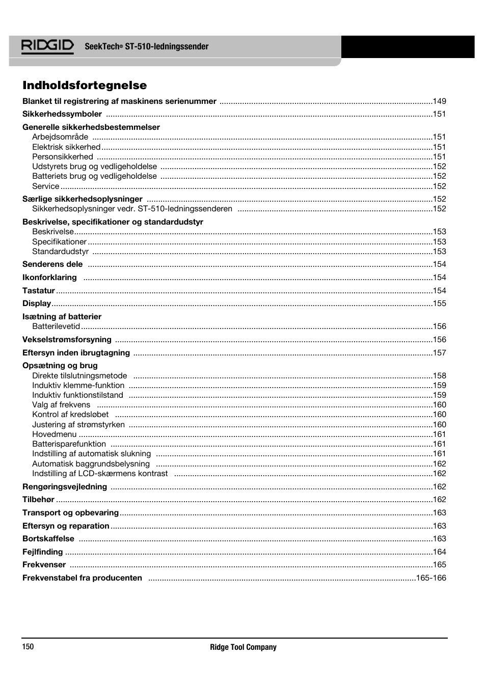 Indholdsfortegnelse | RIDGID SeekTech ST-510 User Manual | Page 152 / 403