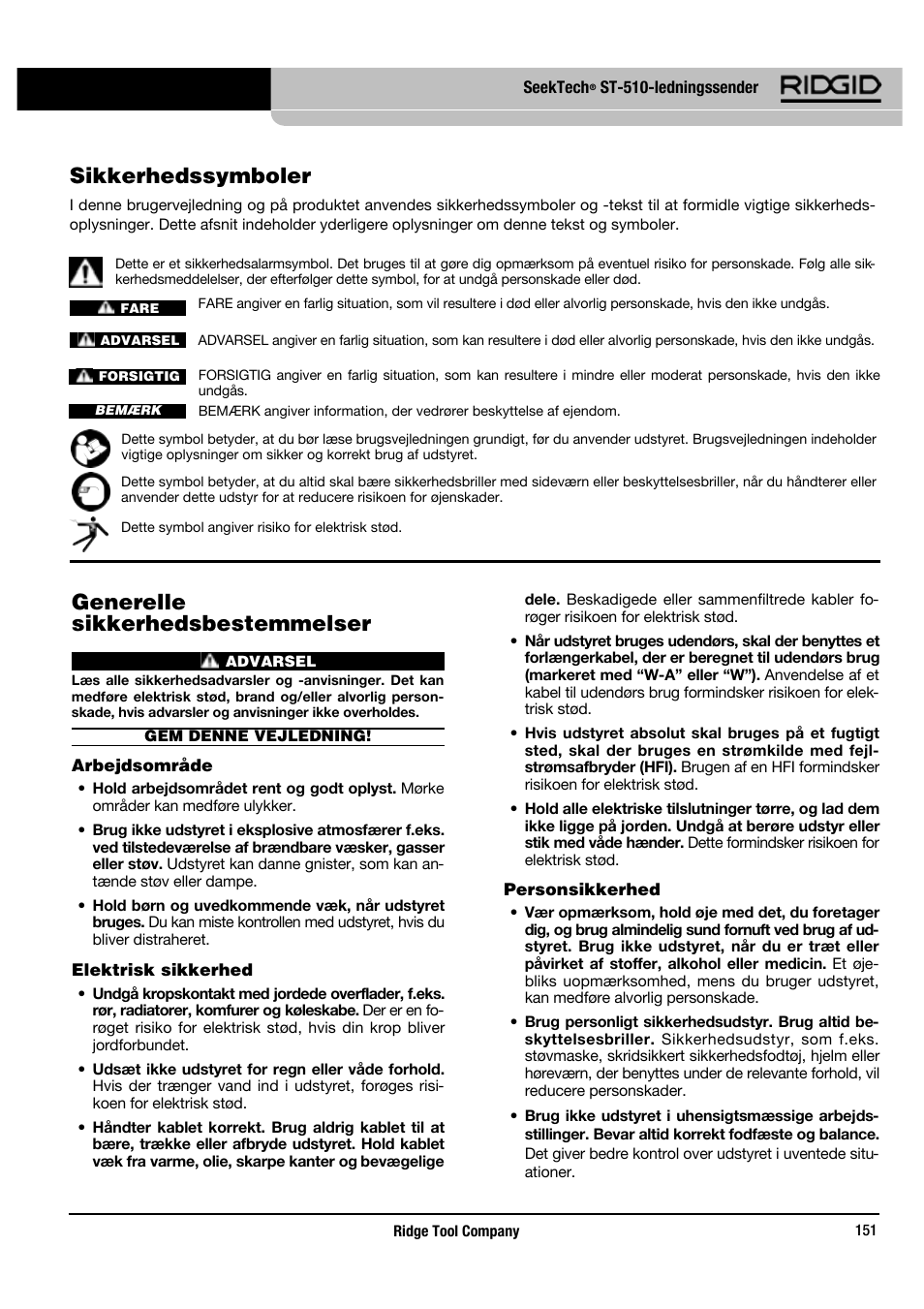 Generelle sikkerhedsbestemmelser, Sikkerhedssymboler | RIDGID SeekTech ST-510 User Manual | Page 153 / 403