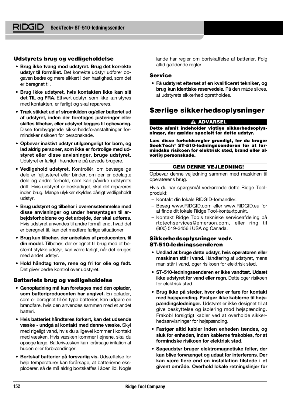 Særlige sikkerhedsoplysninger | RIDGID SeekTech ST-510 User Manual | Page 154 / 403