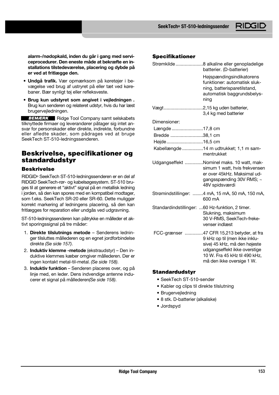 Beskrivelse, specifikationer og standardudstyr | RIDGID SeekTech ST-510 User Manual | Page 155 / 403
