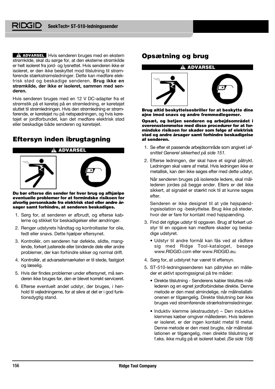 Eftersyn inden ibrugtagning, Opsætning og brug | RIDGID SeekTech ST-510 User Manual | Page 158 / 403