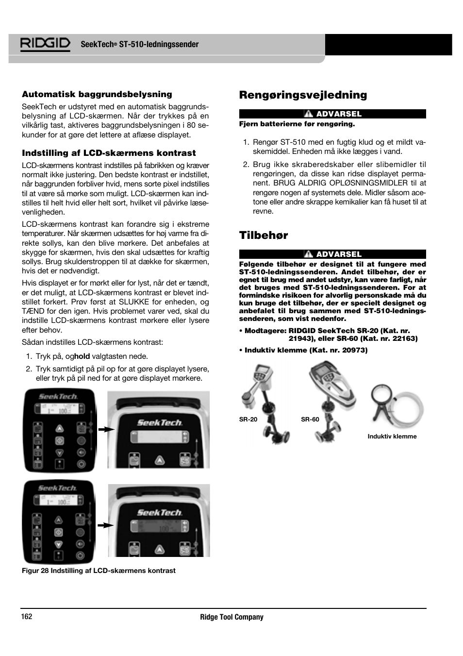 Rengøringsvejledning, Tilbehør | RIDGID SeekTech ST-510 User Manual | Page 164 / 403