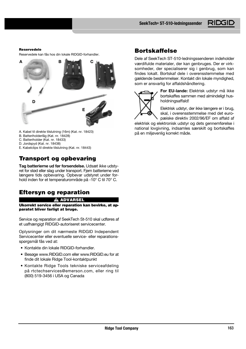 Transport og opbevaring, Eftersyn og reparation, Bortskaffelse | RIDGID SeekTech ST-510 User Manual | Page 165 / 403