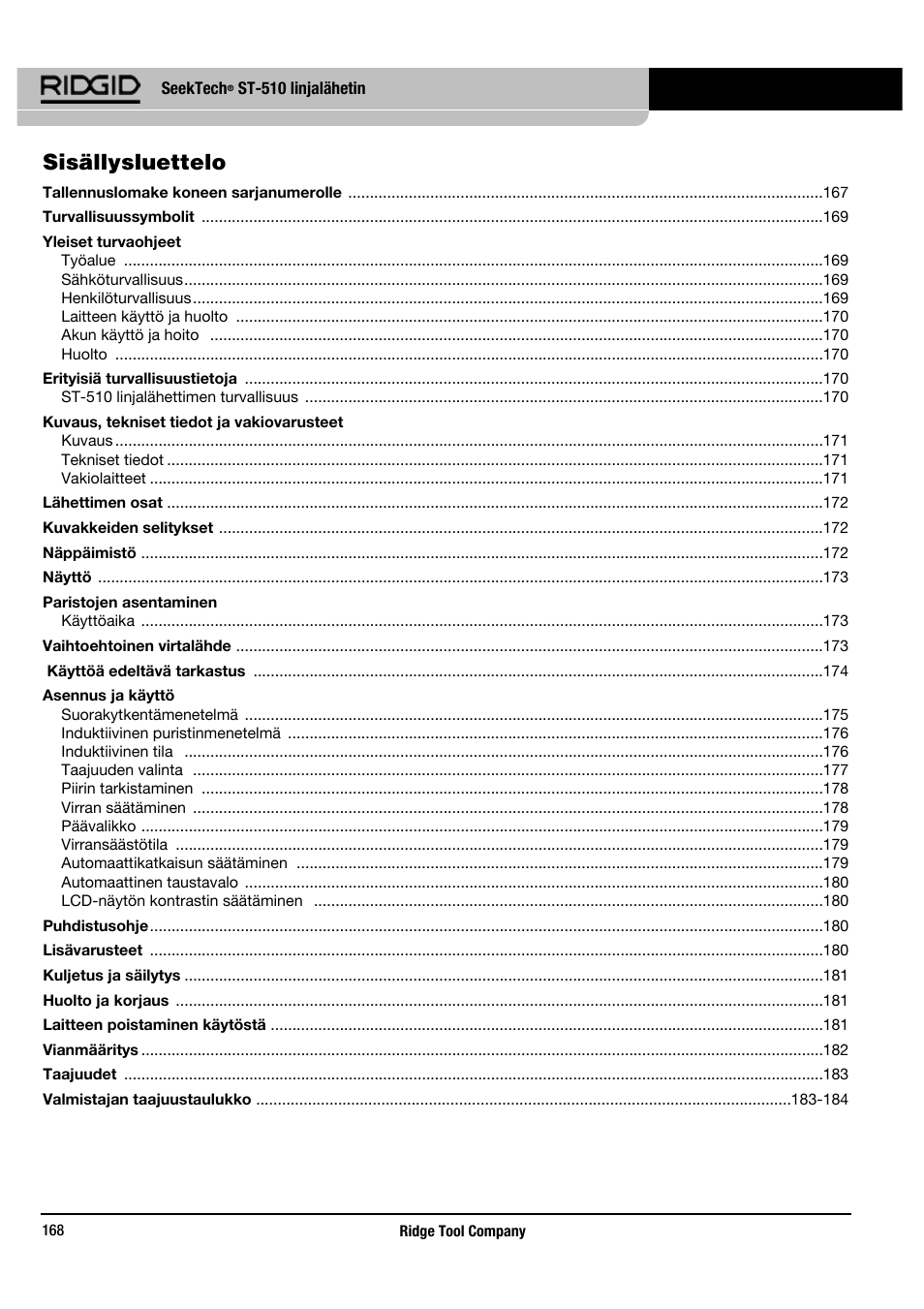 Sisällysluettelo | RIDGID SeekTech ST-510 User Manual | Page 170 / 403