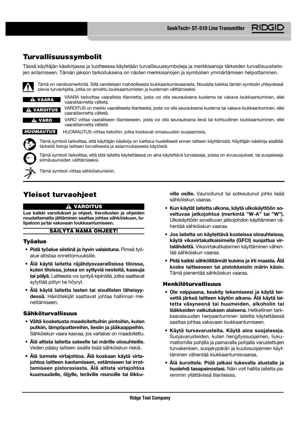 Yleiset turvaohjeet, Turvallisuussymbolit | RIDGID SeekTech ST-510 User Manual | Page 171 / 403