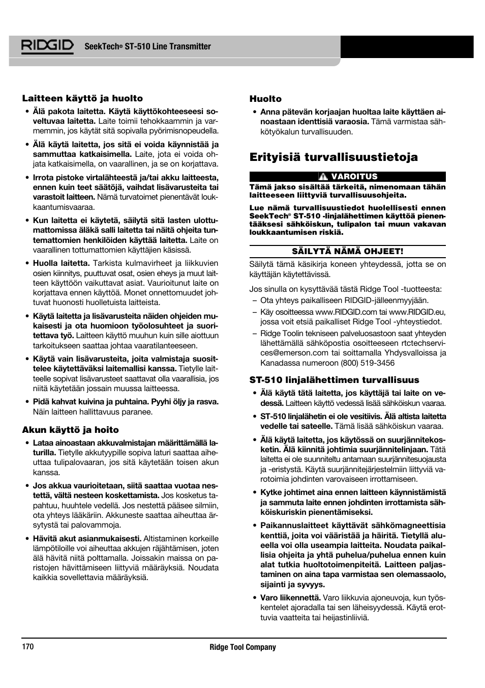 Erityisiä turvallisuustietoja | RIDGID SeekTech ST-510 User Manual | Page 172 / 403