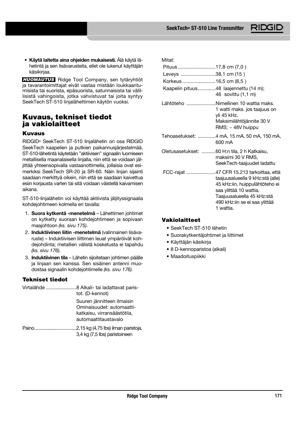 Kuvaus, tekniset tiedot ja vakiolaitteet | RIDGID SeekTech ST-510 User Manual | Page 173 / 403