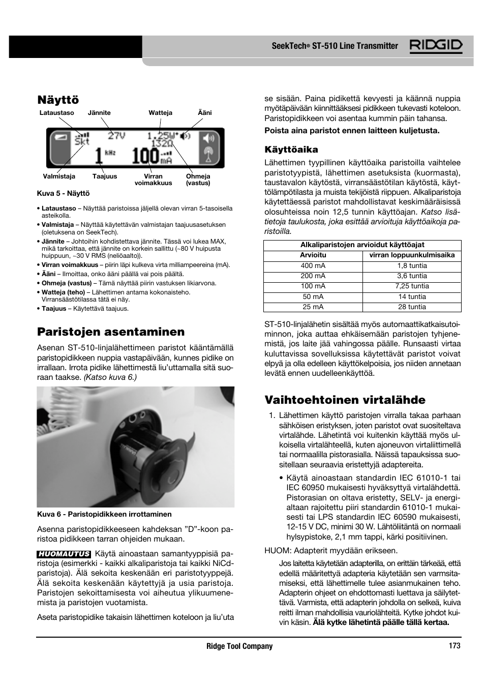 Paristojen asentaminen, Vaihtoehtoinen virtalähde, Näyttö | RIDGID SeekTech ST-510 User Manual | Page 175 / 403