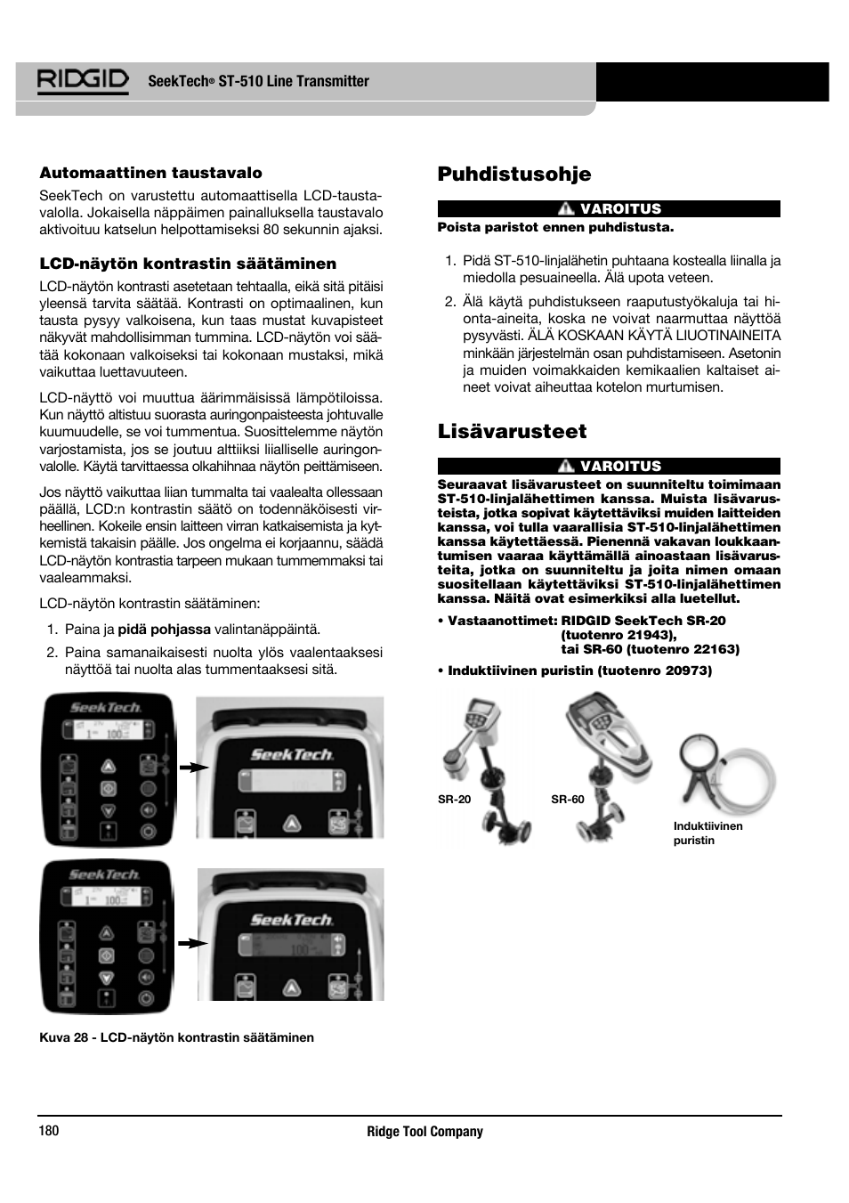 Puhdistusohje, Lisävarusteet | RIDGID SeekTech ST-510 User Manual | Page 182 / 403