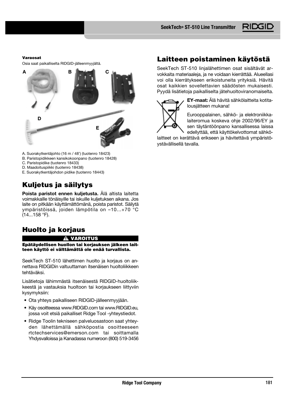 Kuljetus ja säilytys, Huolto ja korjaus, Laitteen poistaminen käytöstä | RIDGID SeekTech ST-510 User Manual | Page 183 / 403