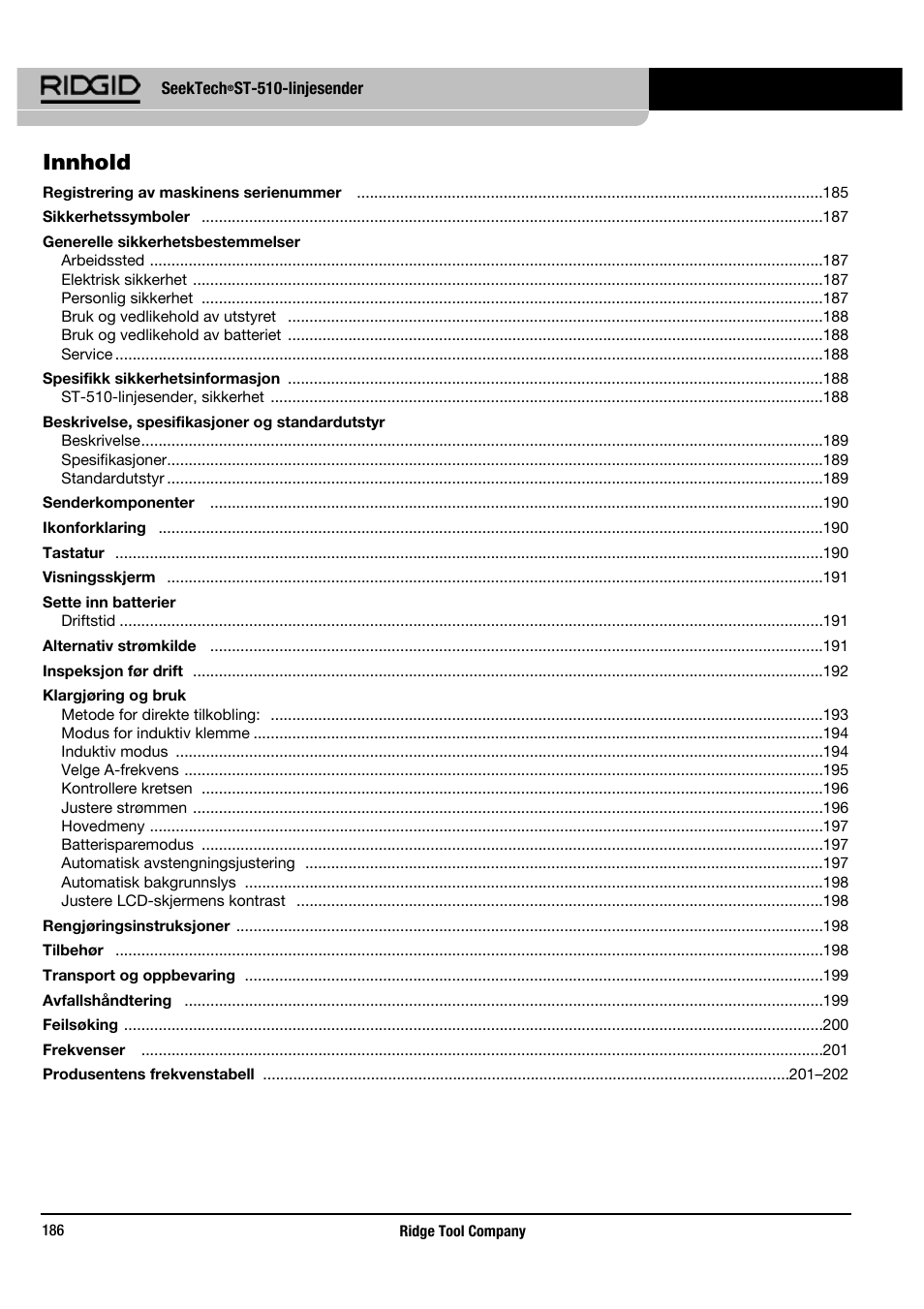 Innhold | RIDGID SeekTech ST-510 User Manual | Page 188 / 403