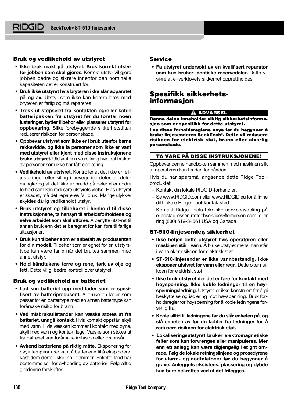 Spesifikk sikkerhets - informasjon | RIDGID SeekTech ST-510 User Manual | Page 190 / 403