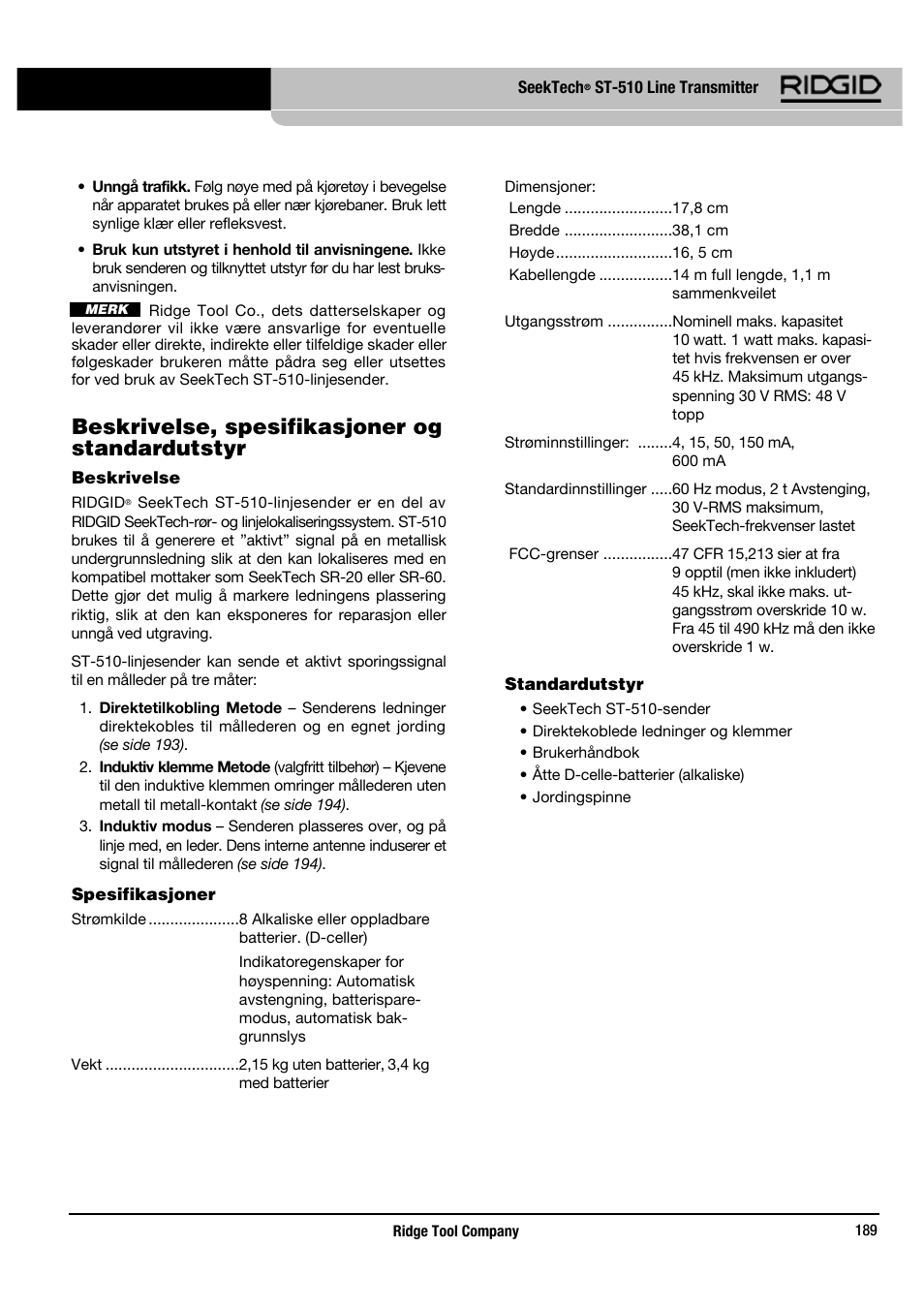 Beskrivelse, spesifikasjoner og standardutstyr | RIDGID SeekTech ST-510 User Manual | Page 191 / 403