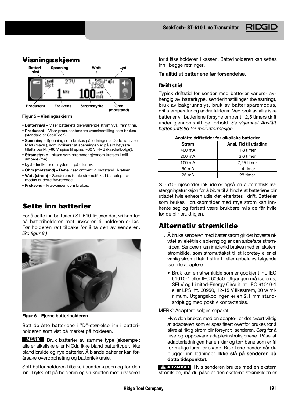 Sette inn batterier, Alternativ strømkilde, Visningsskjerm | RIDGID SeekTech ST-510 User Manual | Page 193 / 403